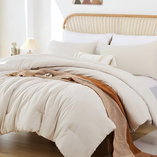 ROSGONIA Beige Comforter Set Queen, 3pcs (1 Boho Beige Comforter & 2 Pillowcases), All Season Bedding Lightweight Soft Bed...