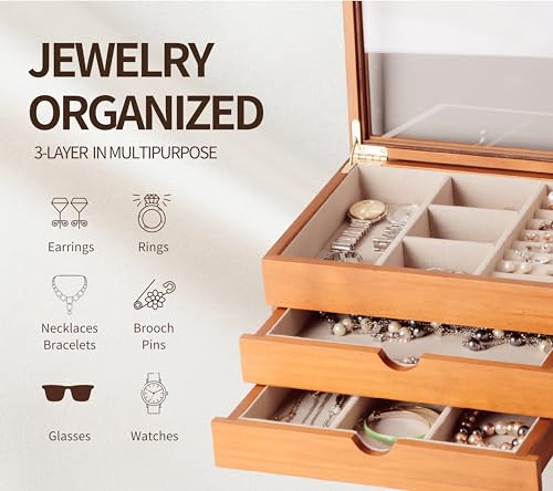 Clasin Home Jewelry Box with Glass Lid, 3 Layer Jewelry Organizer for Women, Solid Wooden Jewelry Box Display for Ring Ear...