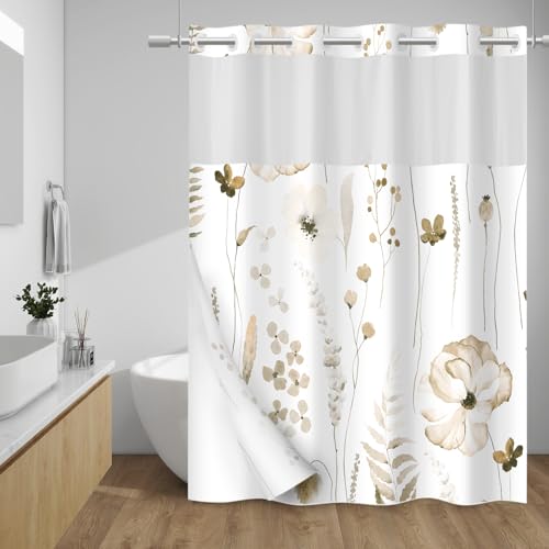 WITHLOC No Hook Shower Curtain with Snap in Liner - Floral Shower Curtain - Fabric Waterproof Inner Liner, Plants Watercol...