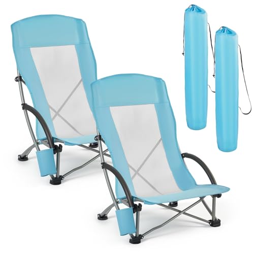 VEVOR Folding Beach Chair, High Back Camping Chairs for Adults, with Cup Pocket, Mesh Back, Carry Bag, Portable Extra Wide...