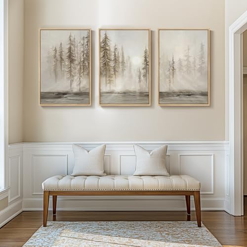 Framed Neutral Wall Art for Living Room, Large 3 Piece Abstract Pastel Grunge Forest Landscape Tree Canvas Artwork Set, Mo...