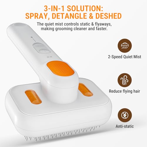 3-in-1 Pet Grooming Brush with Cool Mist & Self-Cleaning Deshedding Tool for Dogs Cats, Extra Wide Comb, Visible Water Win...