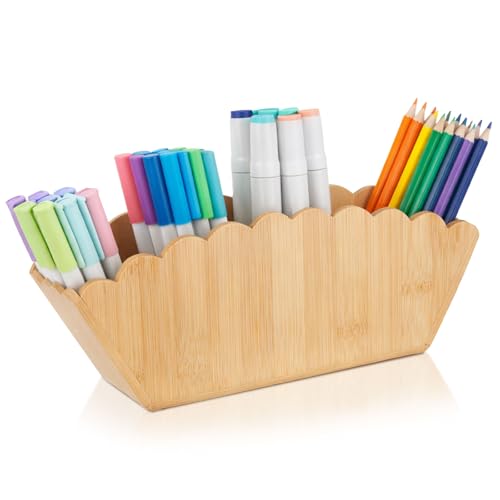 Jetec Scalloped Bamboo Wooden Pencil Holder, Desk Holder with 4 Slots for Desk Organizer Makeup Brushes Pens and Remote St...