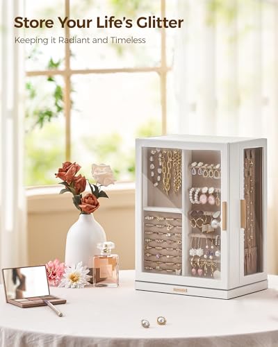 Glimmloop 360° Rotating Jewelry Box with 7 Drawers, Spacious Vertical Jewelry Organizer with Glass Window, Jewelry Storage...