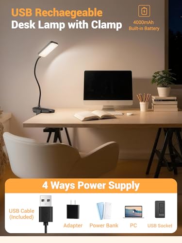 ReinHoo Clip on Light,9 Brightness+5 Color Rechargeable Desk Lamp,4000mAh Battery Operated Lights,450 Lumen 48 LED Desk La...