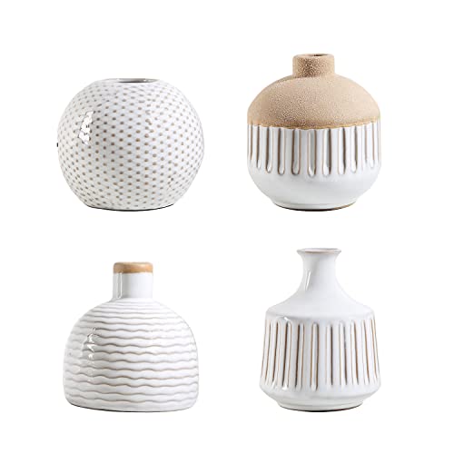 LIZOFER Boho Minimalist Small Ceramic Vase Set of 4 for Bedroom Living Room Office Fireplace Centerpiece Antique White Vin...