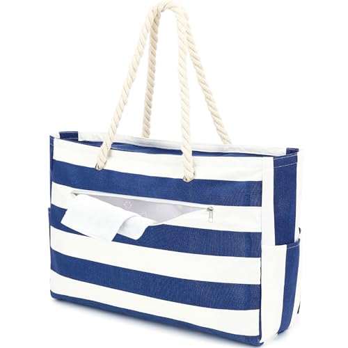 Fammart Large Canvas Beach Bag for Women, Beach Bags Waterproof Sandproof with Zipper & Wet Bag Cruise Essentials