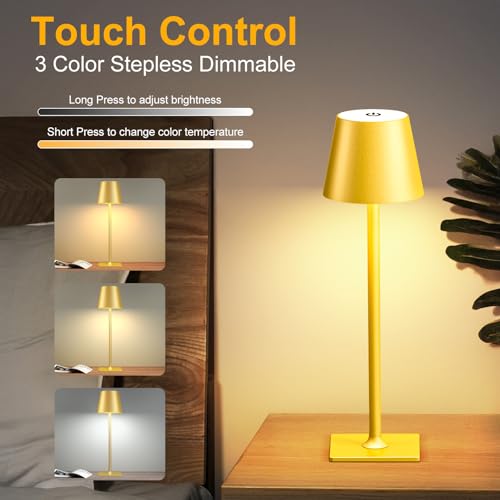 Yogaret 2 Pack Gold Rechargeable Table Lamps,Cordless Lamp with 6000mAh Battery Operated,Wireless Lamp for Restaurant Home...