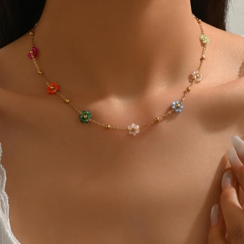 VceTd Bohemian Beaded Necklace and Bracelet Set for Women, Colorful/Pink/Green/Rose Red Daisy Flower Pendant with 18K Gold...