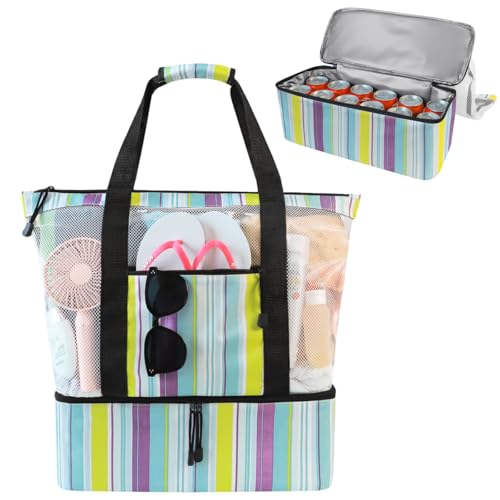 ASL Mesh Beach Bag with Cooler Compartment for Women, 2-in-1 Print Travel Tote 30L with Zipper and Pockets, Pool Picnic