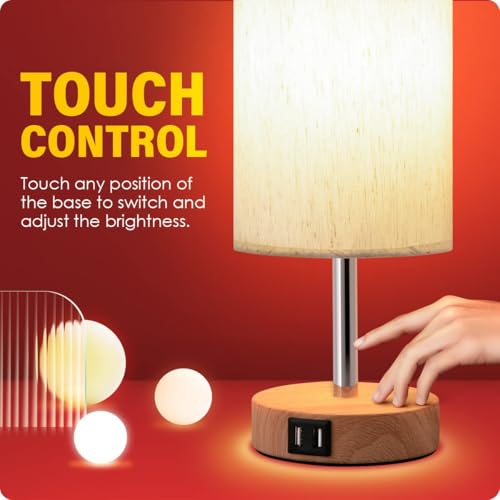 Yarra-Decor Bedside Table Lamp with USB Port - Touch Control for Bedroom Wood 3 Way Dimmable Nightstand Lamp with Round Fl...