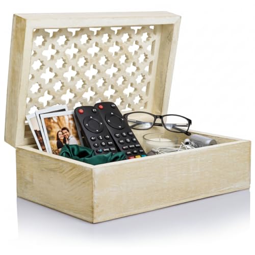 Mela Artisans Large Wooden Keepsake Box | Whitewash Memory & Decorative Storage Box for Jewelry, Photos & Trinkets with Hi...