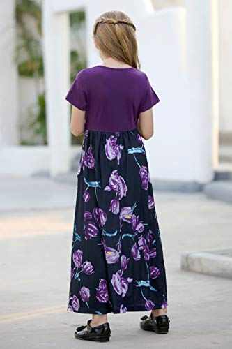 GORLYA Girl's Short Sleeve Patchwork Floral Print Loose Casual Long Maxi Dress with Pockets for 4-12 Years Kids