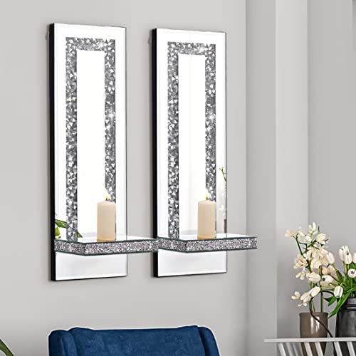 Aeveco Crystal Crush Diamond Mirrored Candle Sconces, Silver Wall Candle holder set of 2, Wall decorations for Living Roo...