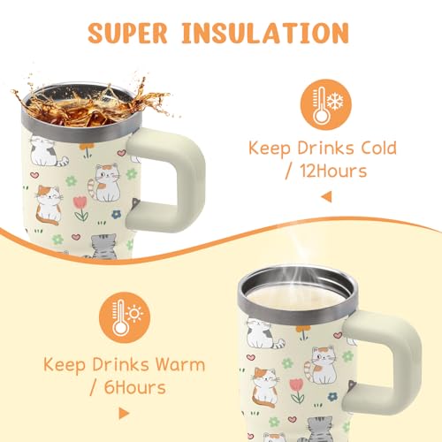 Cute Cat Gifts for Women Girls, Cats Tumbler with Handle and Straw for Kids 14 oz, Insulated Stainless Steel Cats Mug, Bir...