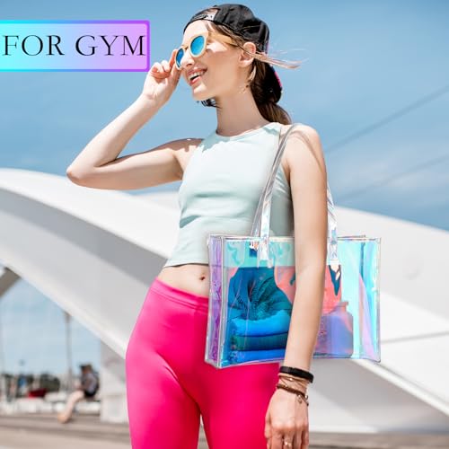 Aliceset Holographic Clear Tote Bag with Leather Handle Iridescent Bachelorette Beach Bag for Work Stadium Travel | with L...