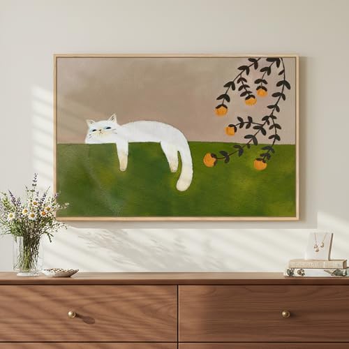 Framed Neutral and Green Wall Art for Bedroom Decor, Large Cozy Cat Canvas Painting Artwork for Room Walls, Green Picture ...