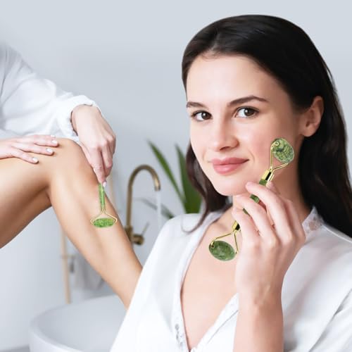 Sbnnfikeb 5Pcs Jade Roller & Gua Sha Facial Tool Set, Natural XiuYan Stone Face Roller and Gua Sha Board Kit, Portable Man...