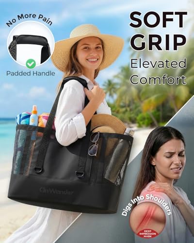 OnWander Large Mesh Beach Tote Bag - 50L Pool Bags with 2 Inner Zipper Waterproof Pockets for Swim Toys Towels Travel