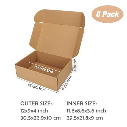 Serwrsw 12x9x4 Shipping Boxes Set of 6, Medium Cardboard Boxes for Packaging, Brown Mailing for Small Business