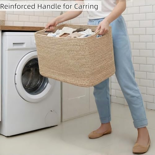 Optish 75L Large Blanket Basket, Woven Storage Baskets with Reinforced Handles, Rope Laundry Basket for Living Room, Bedro...