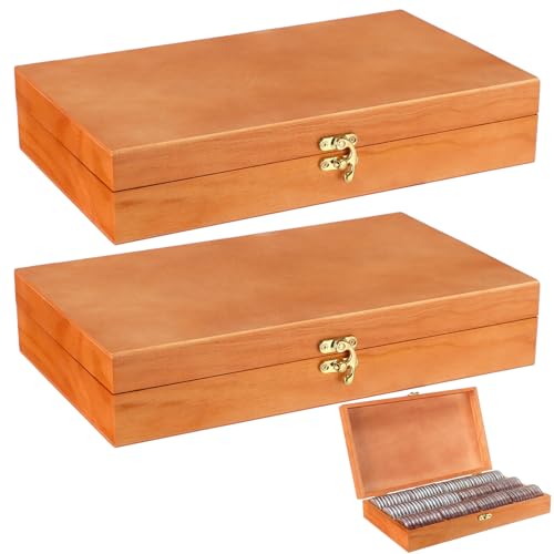 Sliner 2 Pack Wooden Coin Collection Storage Box Solid Wood Coin Holder Slabs Storage Cases Set Keepsake Organizer Boxes f...