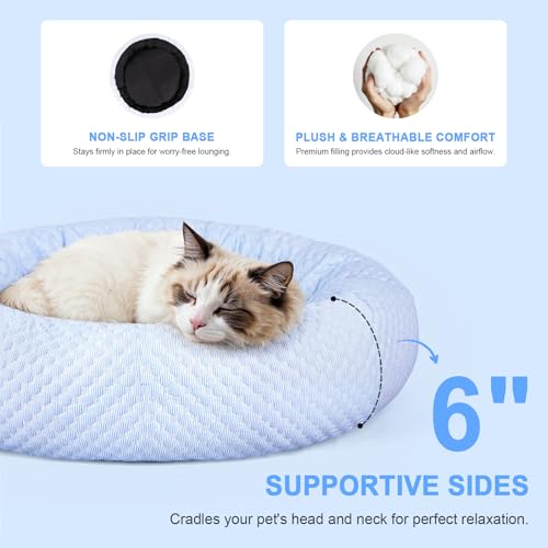 Small Donut Dog Bed - Cooling Calming Cuddler for Cats & Puppies, Anti-Anxiety Ice Fabric Round Pet Bed, Washable Comfort ...