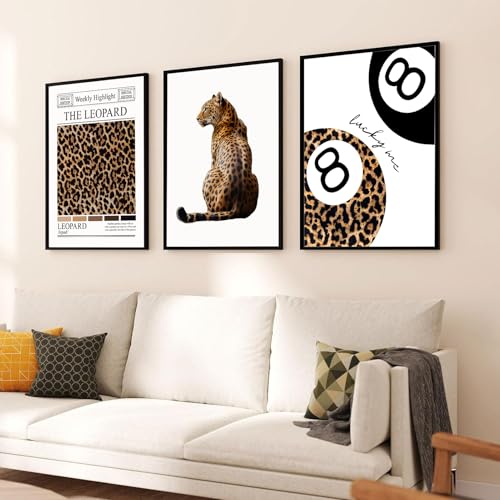 Trendy Leopard Wall Art Set of 3 Funky Lucky 8 Ball Posters Prints Preppy Room Aesthetic Cheetah Wall Decor Pictures for G...