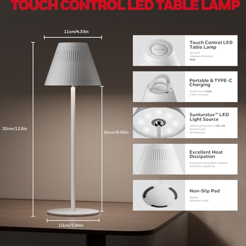 Honeywell M1 Cordless Small Table Lamp Rechargeable, 5200mAh Battery Operated LED Table Lamp, 4 Color 9RGB Stepless Dimmab...