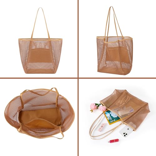 Tavaleu Mesh Beach Bag, Beach Bags for Women, Woven Straw Beach Tote Bag Waterproof with Inner Pocket, Packable Beach Bag