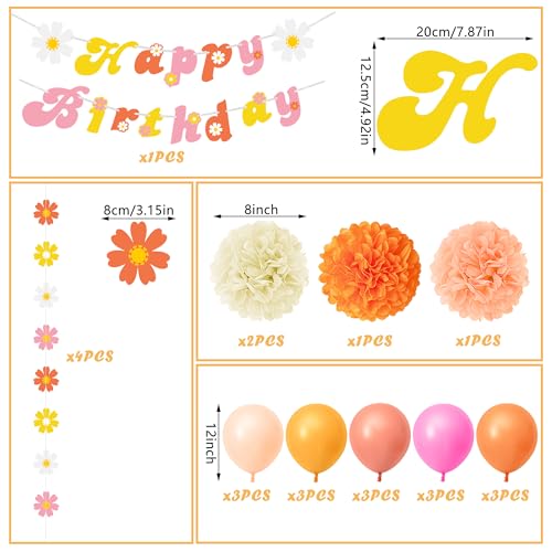 24 PCS Groovy Party Decorations Boho Happy Birthday Banners with Flower Hanging Flags Balloons Paper Flowers for Birthday ...