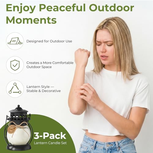 Citronella Candles Outdoor 3 Pack, DEET-Free Soy Wax Candles with Upgraded Metal Lantern Design, Long Burning Lemongrass C...