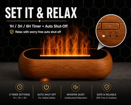 AquaAura Flame Effect Diffuser, 160ml Essential Oil Diffuser with Realistic Flame Mist, 7 LED Colors, Timer & Auto Shut-Of...