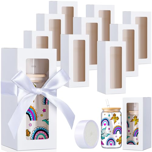 Honoson 24 Pcs Tumbler Gift Box with Ribbon for Sublimation Glass Exhibition Boxes Transparent for 12oz 16oz 20oz Drinking...