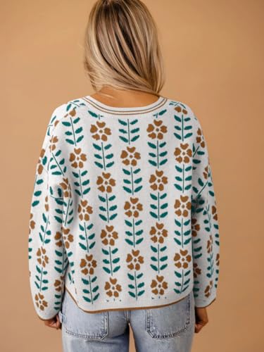 Saodimallsu Womens Floral Print V Neck Cardigan Open Front Button Down Knit Sweater Long Sleeve Loose Fashion Tops