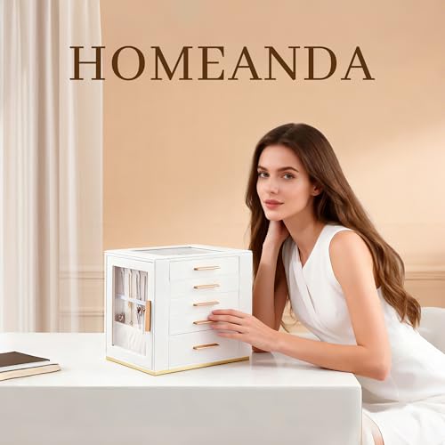 Homeanda Jewelry Box for Women with Glass Lid, 5 Drawers Jewelry Organizer and Storage for Necklaces, Rings, Earrings, Bra...