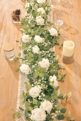 Anna's Whimsy 5.91FT Artificial Eucalyptus Garland with Flowers, Fake Flower Rose Gypsophila, Faux Floral Greenery Garland...