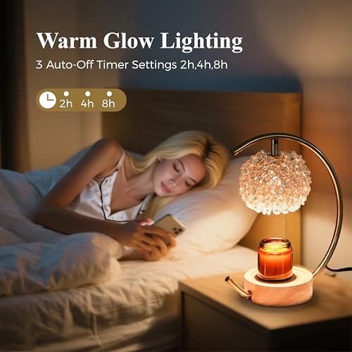 Yeuslor Gold Candle Warmer Lamp for Jar Candles with Adjustable Brightness＆Timer，Handcrafted Crystal＆Wooden Base, Luxuriou...
