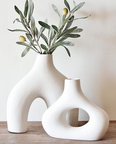 Carrot's Den Donut Vase, Set of 2 - White Large Ceramic Vase - Minimalist Nordic, Hollow | Table Centerpiece, Olive Plant,...