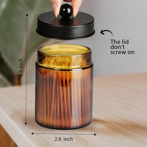 Amolliar Amber Glass Qtip Holder, Apothecary Jars with Matte Black Metal Lid & Stickers-Bathroom Qtip Dispenser Storage Or...