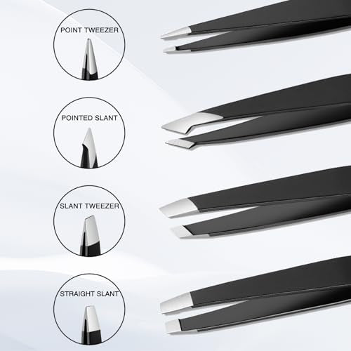 4-Piece Professional Tweezers Set, Tweezers for Eyebrows, Facial Hair, Splinter & Ingrown Hair Removal, Precision Tip with...