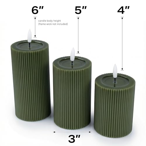 WYZworks Fluted Ribbed LED Pillar Candles, Loden Green, with Realistic Reflective Melted-Wax Effect – Flickering Flame, Re...