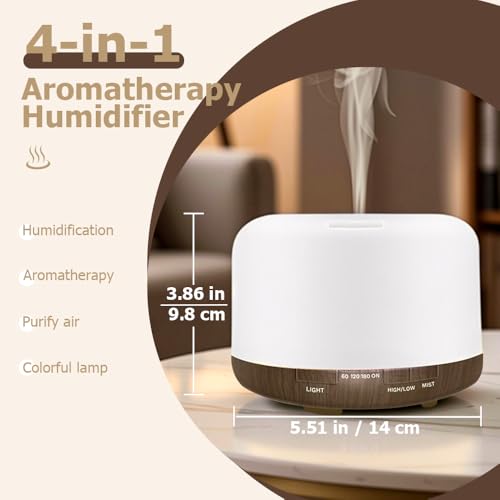 Harindiver 500ml Essential Oil Diffuser,Quiet 4-in-1 Ultrasonic Aromatherapy Humidifier,7 Color LED Lights,Timer & Auto-Of...