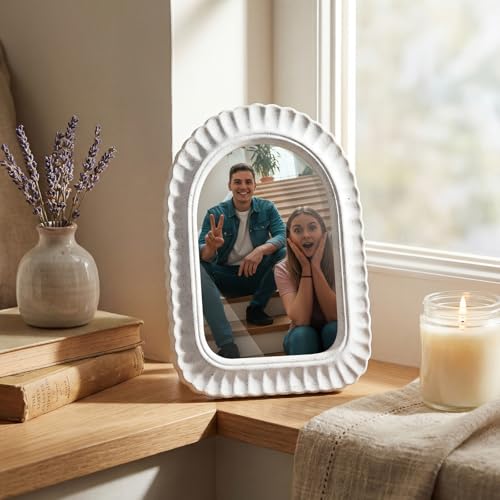 AceOrbit 4x6 Inches Petal Wave Rock White Picture Frame Cute Arched Wooden Real Glass Photo Frame for Desktop Display Home...