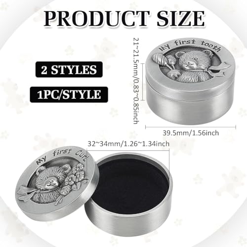 FINGERINSPIRE 2 PCS My First Curl & Tooth Bear Keepsake Box - 1.3inch Inner Size Antique Silver Baby Teeth Collection for ...
