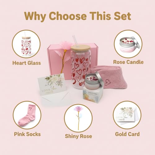 Valentines Day Gifts for Girlfriend 6 PCS Romantic Set with 16 OZ Glass Warm Socks Scented Candles Fake Rose Love Card and...