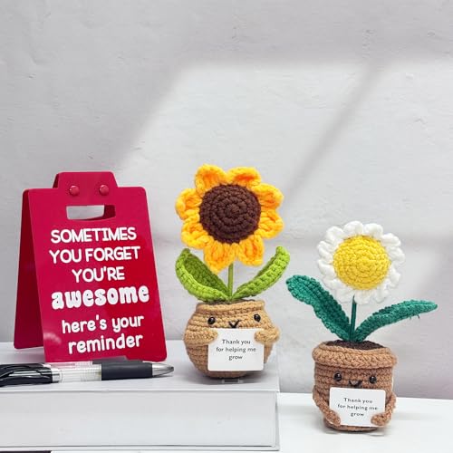 HivFov 2PCS Handmade Crochet Sunflower with Daisy,Knitted Flowers,Crochet Flower Gifts, Thank You for Gift,Gift for Mother...