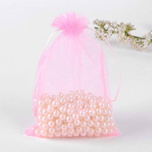 100 Pcs 5x7 inches Gift Wrap Bags Pink, Organza Sheer See Through Fabric, Drawstring Satin Ribbon Pouches for Baby Shower ...