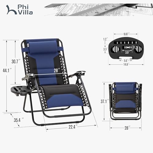 PHI VILLA Zero Gravity Chair Set of 2, Padded Anti Gravity Recliner, Oversized 28" Wide Seat, Foldable Patio Lounger with ...