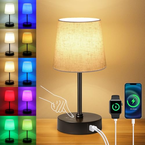 Ascher Small Bedside Table lamp, RGB Color Changing Lamps, 3 Color Temperatures, Dimmable Nightstand Lamp with USB C+A Por...